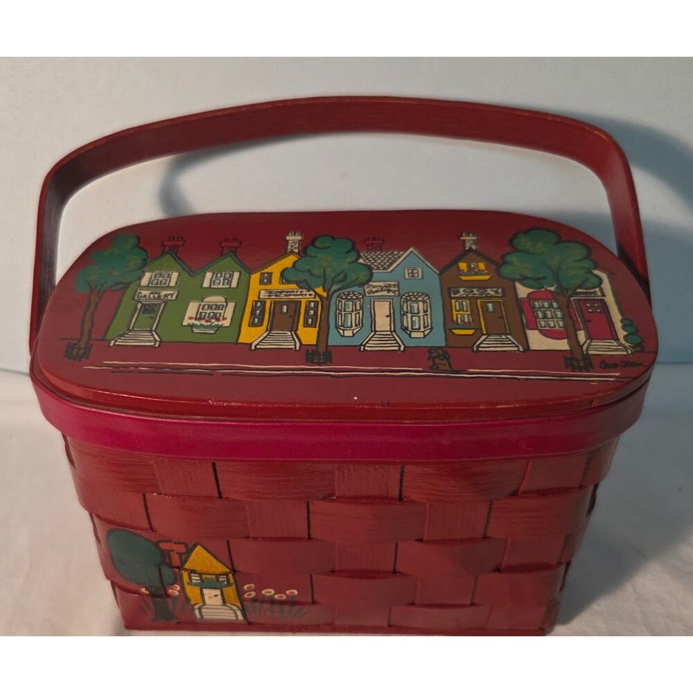Vintage Signed Caro-Nan Red purse/basket Hand Painted Cottage Scene